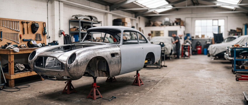 Classic vintage car restoration in auto workshop with tools and mechanics