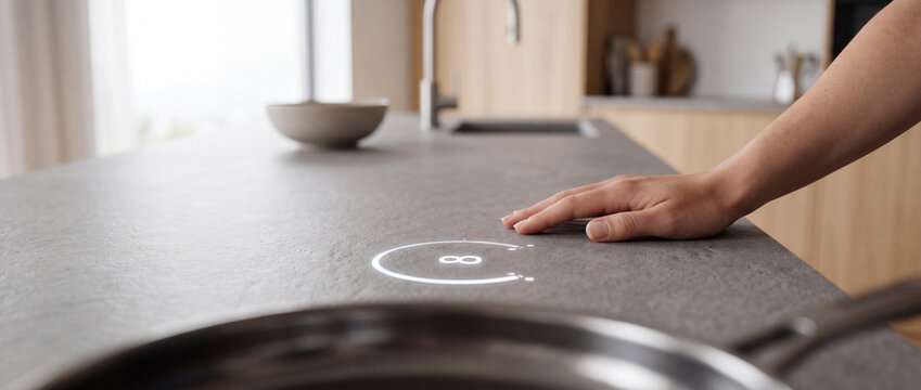 Modern smart kitchen countertop with touch control projection and hand interaction over induction area