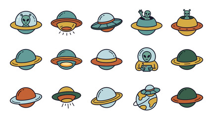 Corporate Pack Colorful Alien Themed Icons with UFOs Planets and Extraterrestrial Characters for Business Presentations © Usman