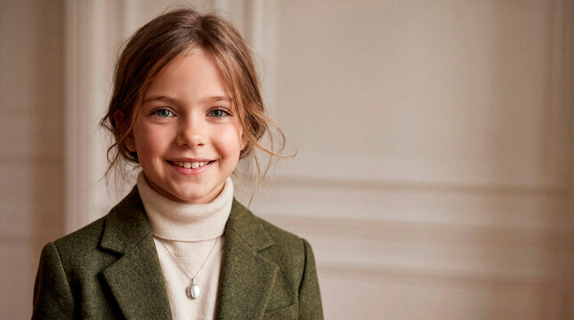 A captivating portrait of a happy young girl with sparkling blue eyes and messy brown hair. She is wearing a cream-colored turtleneck and a tailored green tweed blazer, featuring an ornate locket neck