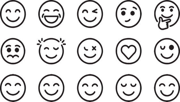 Minimalist emoji line icons set, collection of 15 black outline smiley face vectors, modern facial expression symbols for digital communication
