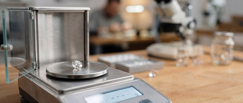 Precision diamond weighing on digital scale in jewelry laboratory workshop with microscope