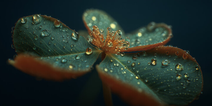Macro shot of a four-leaf clover with water droplets clinging to its leaves, symbolizing luck and nature