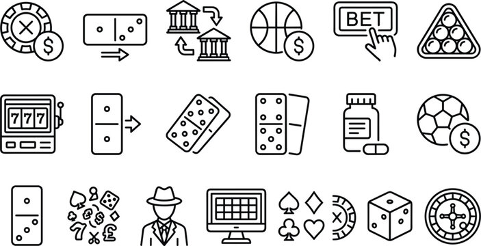 Black outline casino and gambling icon set with slot machine roulette wheel dominoes sports betting poker cards and dice isolated on white background vecto