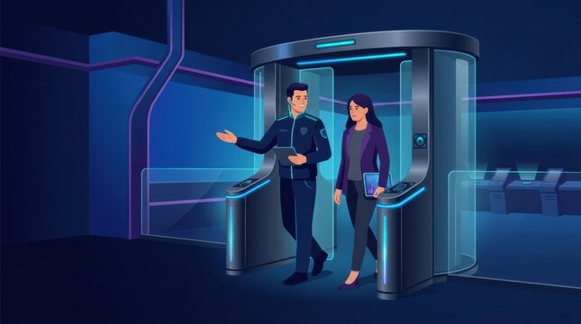 A security guard assists a visitor while walking through a modern entrance area with advanced security technology.