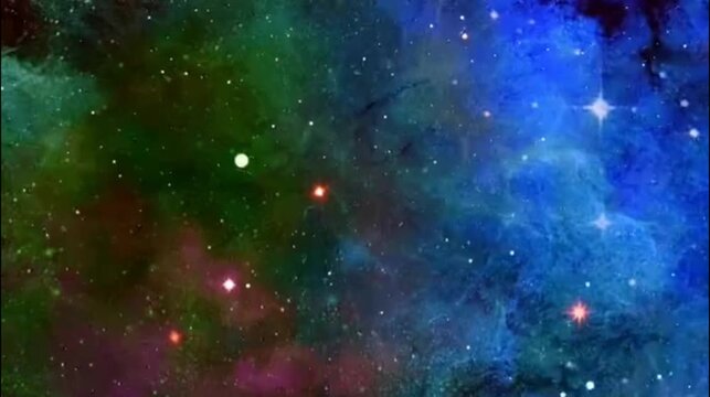 visualization of the cosmos in a rich color combination of dark blue, galaxy green, purple, and a touch of red decorated with twinkling stars that move gently dynamically