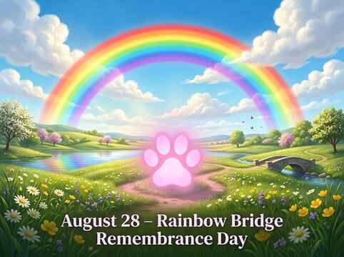 Colorful rainbow bridge remembrance day illustration with paw print and serene nature landscape scene