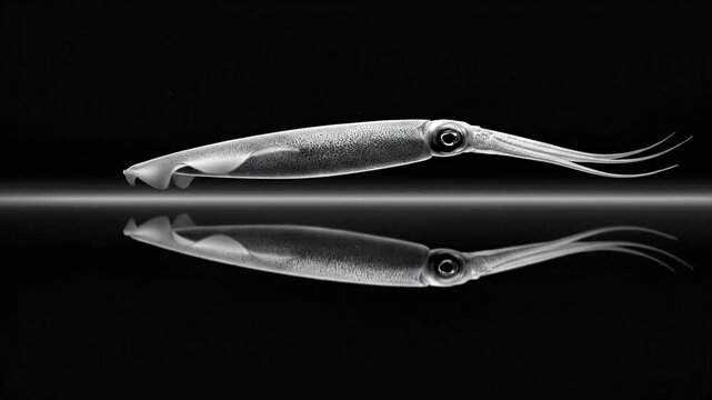 A grayscale image of a squid, captured in profile, mirrored to create a striking reflection