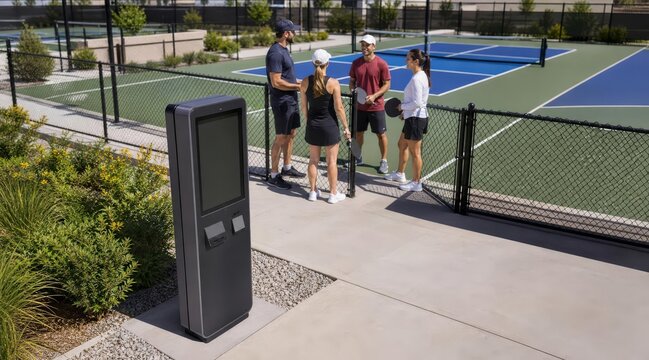 Digital reservation kiosk at outdoor pickleball court