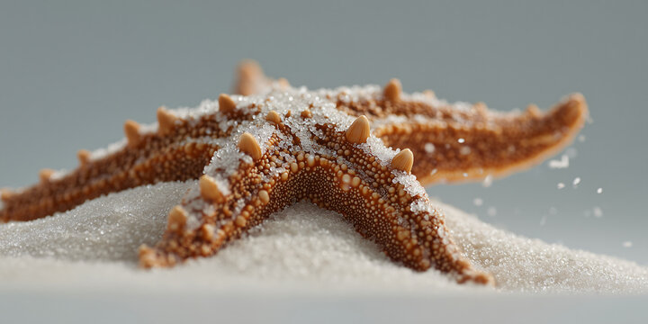 A close-up shot of a vibrant orange starfish resting on a bed of fine white sand. Tiny water droplets glisten on the starfish's textured surface, hinting at its recent submersion in the ocean