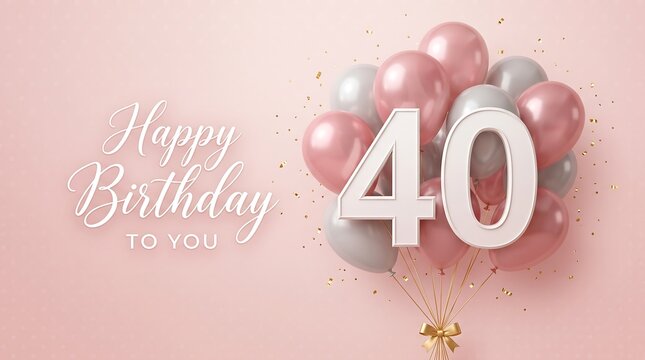 Elegant 40th birthday greeting card featuring a large white number 40 over a festive bundle of glossy pink and grey balloons with scattering gold confetti on a soft pink background.