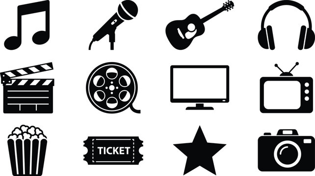 Black solid entertainment and music icon set with microphone guitar headphones clapperboard film reel ticket and popcorn isolated on white background vector