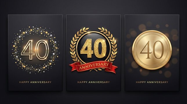 Elegant set of three 40th anniversary card templates featuring golden numbers, wreaths, sparkles, and a red ribbon on luxury dark backgrounds.
