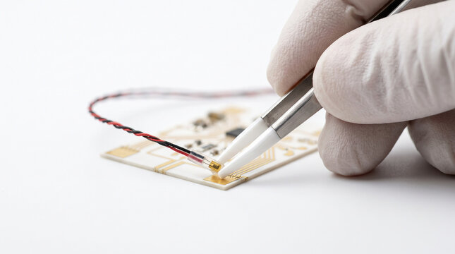 Tweezers Placing Wired Micro Component on Circuit Board