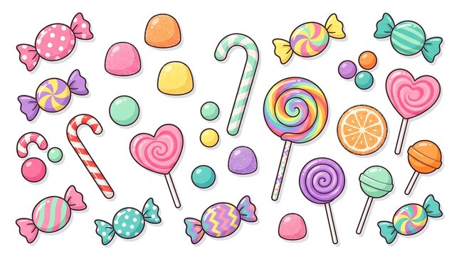 A vibrant collection of colorful cartoon candies, lollipops, candy canes, and sweets arranged neatly on a plain white background.