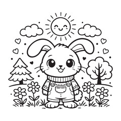 Fototapeta premium Cute bunny in garden coloring page