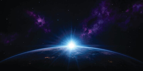 Earth planet sunrise from space with purple nebula clouds and stars universe astronomy darkness exploration astrophysics atmospheric infinite celestial atmosphere sunlight spacecraft © jr graphics