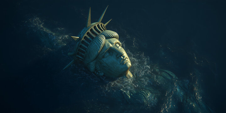 Statue of Liberty submerged in dark, turbulent water, conveying a sense of disaster and the aftermath of a cataclysmic event