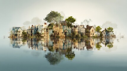 Fototapeta premium A serene village with quaint houses and lush trees reflected perfectly on calm water, creating a peaceful and dreamy landscape.