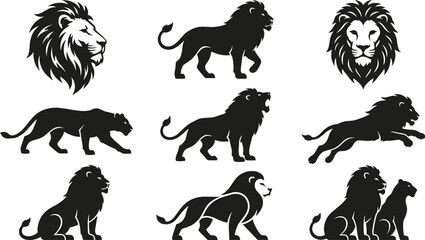 Black Lion Silhouette and Mascot Vector Icon Set Featuring Majestic Wild Cat Poses and Lioness Symbols for Logo Design and Branding Graphics © Feroz