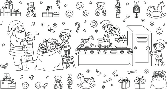 Christmas Santa Workshop Coloring Page with Elves Packing Toys on a Conveyor Belt Factory for Kids Holiday Activity and Graphic Design