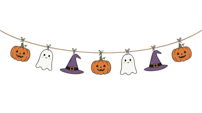 Halloween themed decoration with pumpkins ghosts and witches hats hanging on string