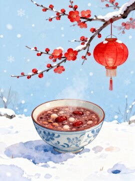 Winter Snow, Red Plum Blossoms, Red Lanterns, Laba Congee, Traditional Chinese Winter Illustration