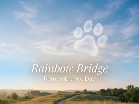 Serene countryside landscape with paw print for pet remembrance day celebration under clear sky
