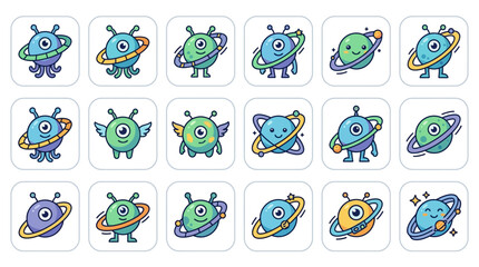 Elegant Collection of Whimsical Cartoon Aliens with Planetary Rings and Space Themed Accessories in Vibrant Colors © wahono