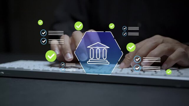 Digital banking and verified digital payment services concept. Person typing keyboard with online banking and secure payment icons, financial transactions, identity verification and fintech solutions.