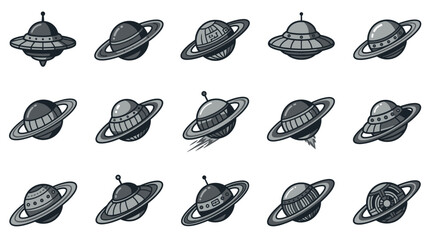 Modern Black and White UFOs with Planetary Rings Set with high quality professional line art symbols for modern creative design and digital branding projects © wahono
