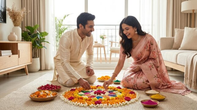 Indian couple creating traditional rangoli during Diwali festival.