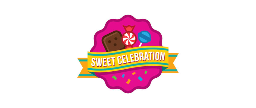 Colorful sweet celebration emblem with cartoon candy and snacks
