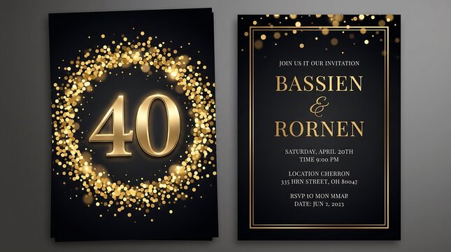 Elegant 40th anniversary or birthday invitation card template featuring luxury gold glitter confetti graphics over a chic matte black background.