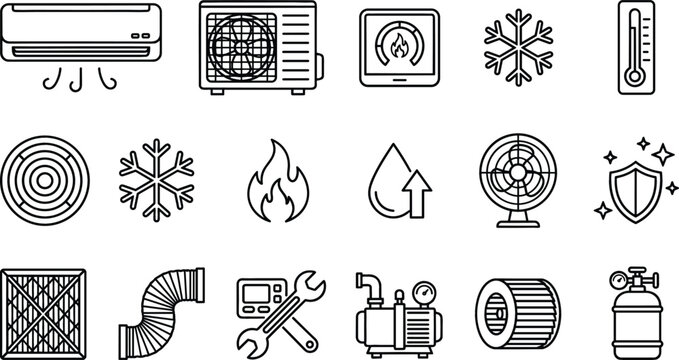 HVAC Air Conditioning and Heating System Line Icon Set Featuring Climate Control, Ventilation, and Maintenance Tools for Repair Service Websites