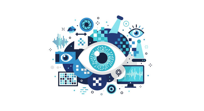 Computer Vision and Artificial Intelligence Concept Illustration with Digital Eye, Machine Learning Icons, and Data Analysis Graphics for Modern Tech Design