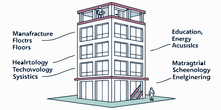 Building structure displays various scientific and industrial labels to represent modern infrastructure and development.