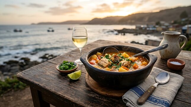 Serving Caldillo de Congrio soup on a wooden table overlooking the ocean at sunset