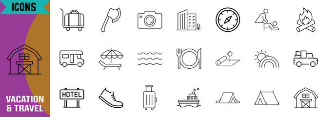 Vacation travel camping outline icons. suitcase icon set, camera icon set, tent icon set © Potol