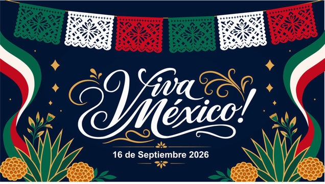 Viva Mexico Independence Day 2026 Celebration Banner Template. Flat style horizontal greeting card backdrop for Mexico's Independence Day, featuring festive papel picado garlands and agave plants.