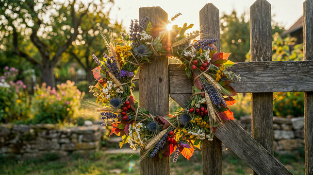 Corona floral artesanal con flores frescas para celebraciones tradicionales en un entorno natural.