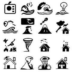 Fototapeta premium Disaster icons set with black and white vector icons arranged in a 4x3 grid featuring earthquake, tsunami, volcanic eruption with natural disasters and emergency