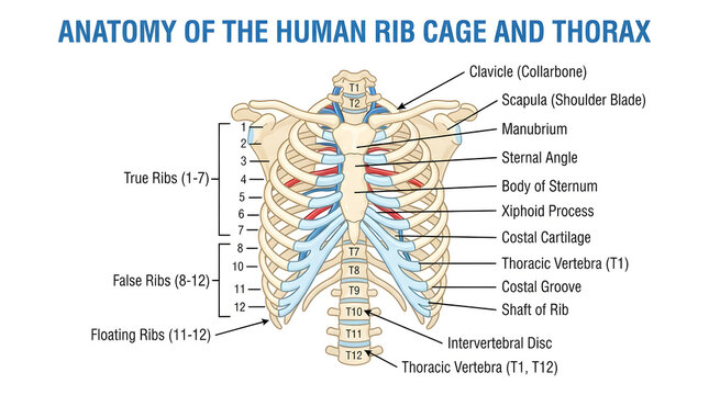 The human rib cage and thorax anatomy diagram shows detailed structures.