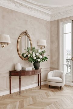 Parisian apartment entryway featuring warm cream walls, elegant mirror, floral arrangement, and stylish chair, showcasing classic interior design elements in a sophisticated setting