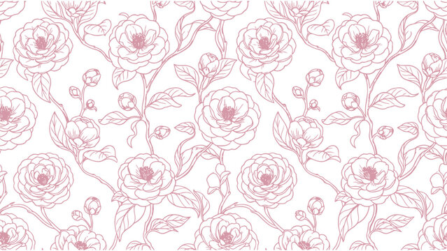 Vintage pink camellia floral pattern, elegant rose line art vector, seamless botanical wallpaper for wedding design