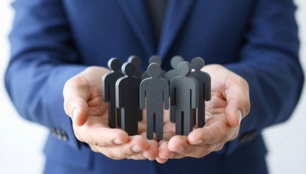 Businessman hands holding small group of people figures, representing teamwork, leadership and staff management.