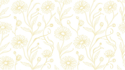 Fototapeta premium Vintage floral seamless pattern, hand drawn botanical line art background, yellow daisy wildflower vector wallpaper