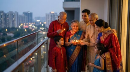 Fototapeta premium Indian family celebrating Diwali on a city balcony.