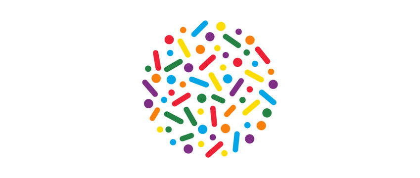 Abstract circular composition of colorful geometric sprinkles on white background
