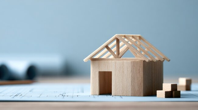 A small wooden model house sits on architectural blueprints. It symbolizes home construction, real estate development.